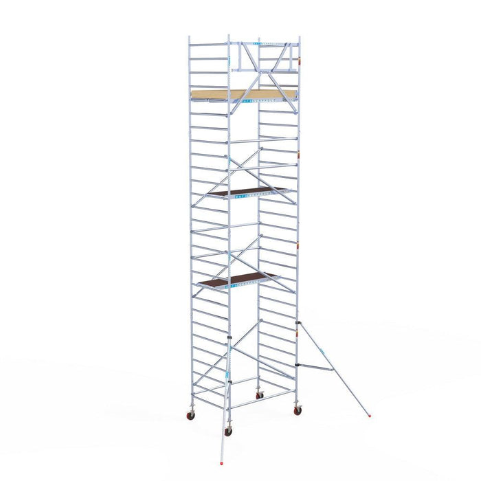 Rollgerüst Euroscaffold Basic 135x190 9,2m Arbeitshöhe Carbonplattform gegen Fassade - GerüstExpress