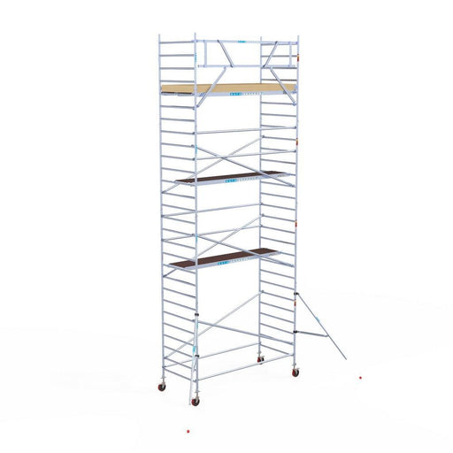 Rollgerüst Euroscaffold Basic 135x305 9,2m Arbeitshöhe Carbonplattform gegen Fassade - GerüstExpress