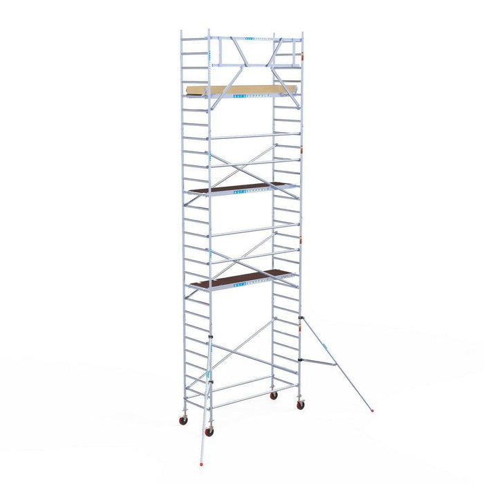 Rollgerüst Euroscaffold Basic 90x250 9,2m Arbeitshöhe Carbonplattform gegen Fassade - GerüstExpress