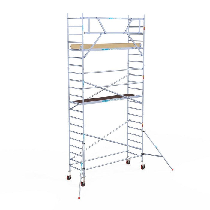 Rollgerüst Euroscaffold Basic 90x305 7,2m Arbeitshöhe Carbonplattform gegen Fassade - GerüstExpress