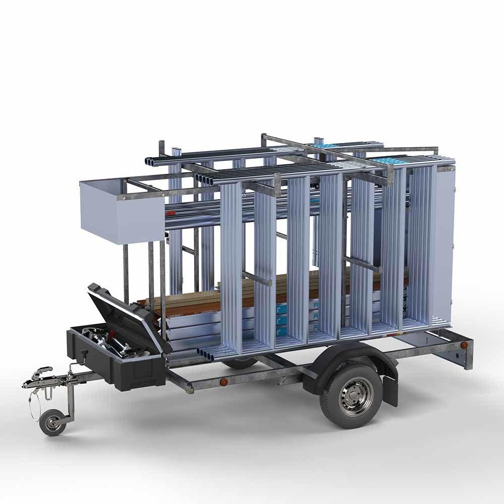 Abschließbarer Gerüstanhänger 250 + Rollgerüst Basic 135x250 10,2m Arbeitshöhe Carbonplattform - GerüstExpress