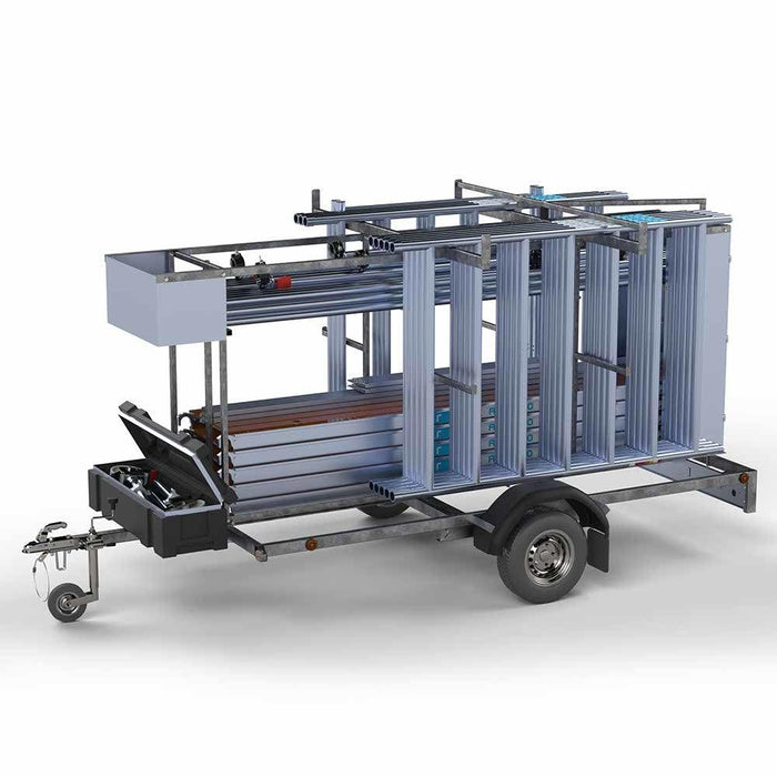 Abschließbarer Gerüstanhänger 305 + Rollgerüst Standard 135x305 10,2m Arbeitshöhe Carbonplattform - GerüstExpress