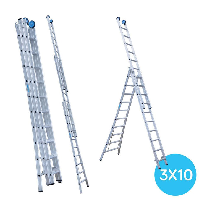 Eurostairs Merhzweckleiter dreiteilig gebogen 3x10 Sprossen + Giebelrollen - GerüstExpress
