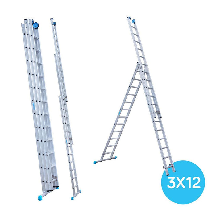 Eurostairs Mehrzweckleiter dreiteilig gerade 3x12 Sprossen + Giebelrollen - GerüstExpress