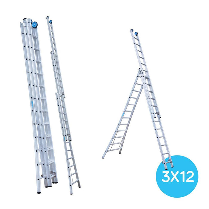Eurostairs Merhzweckleiter dreiteilig gebogen 3x12 Sprossen + Giebelrollen - GerüstExpress