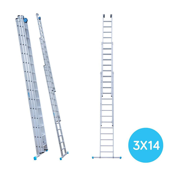 Eurostairs Schiebeleiter dreiteilig gerade 3x14 Sprossen + Giebelsprossen - GerüstExpress