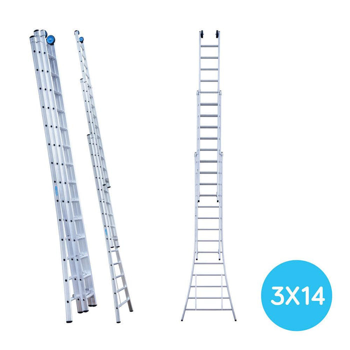 Eurostairs Schiebeleiter dreiteilig gebogen 3x14 Sprossen + Giebelsprossen - GerüstExpress