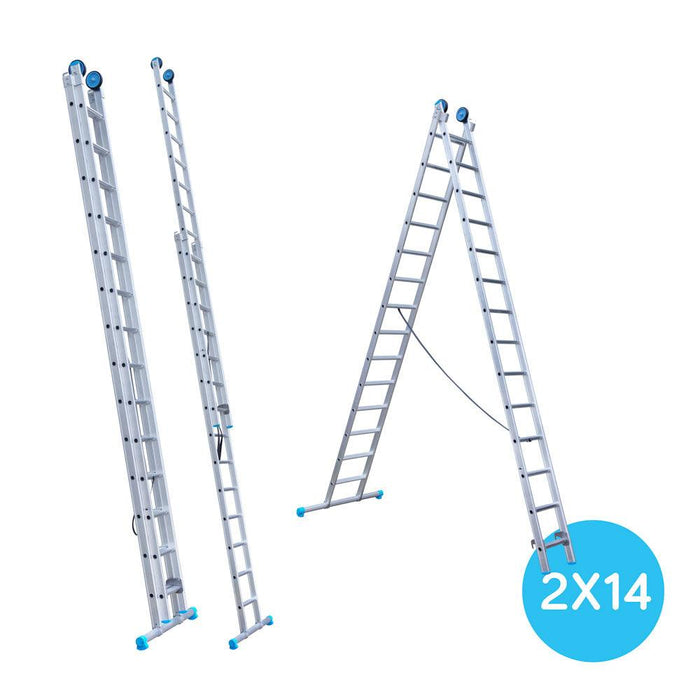 Eurostairs Mehrzweckleiter doppelt gerade 2x14 Sprossen + Giebelrollen - GerüstExpress