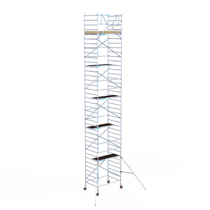 Rollgerüst Euroscaffold Basic 135x190 12,2m Arbeitshöhe Carbonplattform gegen Fassade - GerüstExpress