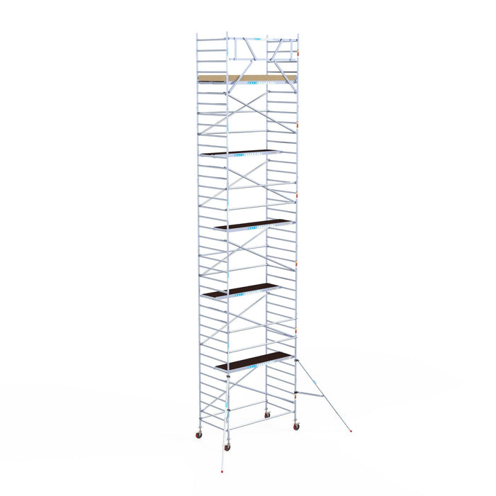 Rollgerüst Euroscaffold Basic 135x250 12,2m Arbeitshöhe Carbonplattform gegen Fassade - GerüstExpress