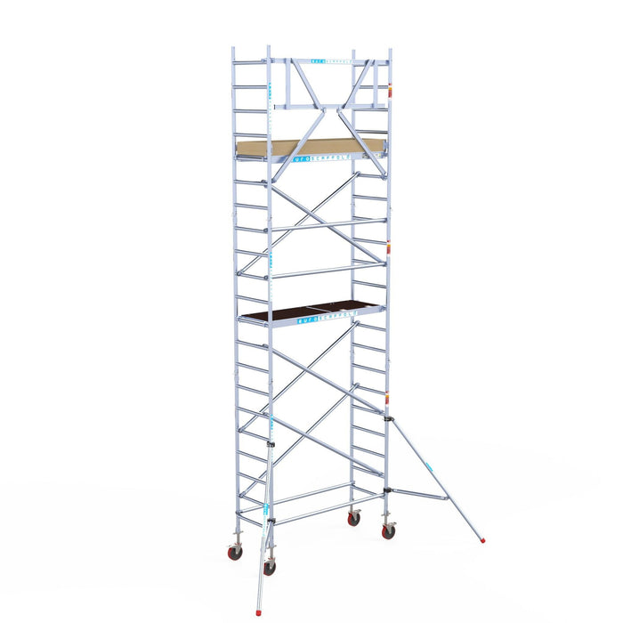 Rollgerüst Euroscaffold Basic 75x190 7,2m Arbeitshöhe Carbonplattform gegen Fassade - GerüstExpress