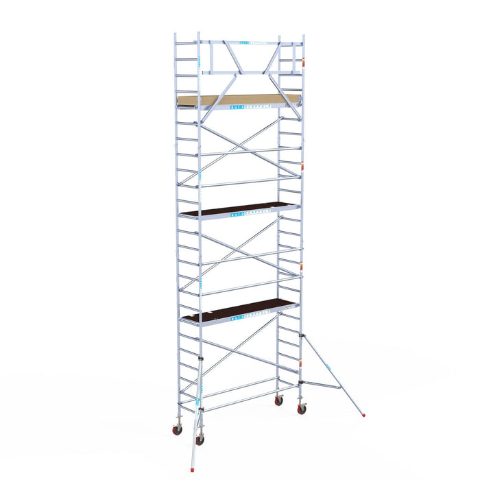 Rollgerüst Euroscaffold Basic 75x250 8,2m Arbeitshöhe Carbonplattform gegen Fassade - GerüstExpress