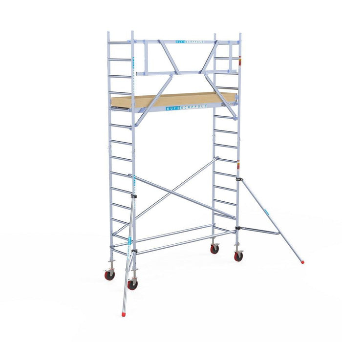 Rollgerüst Euroscaffold Basic 75x250 5,2m Arbeitshöhe Carbonplattform gegen Fassade - GerüstExpress