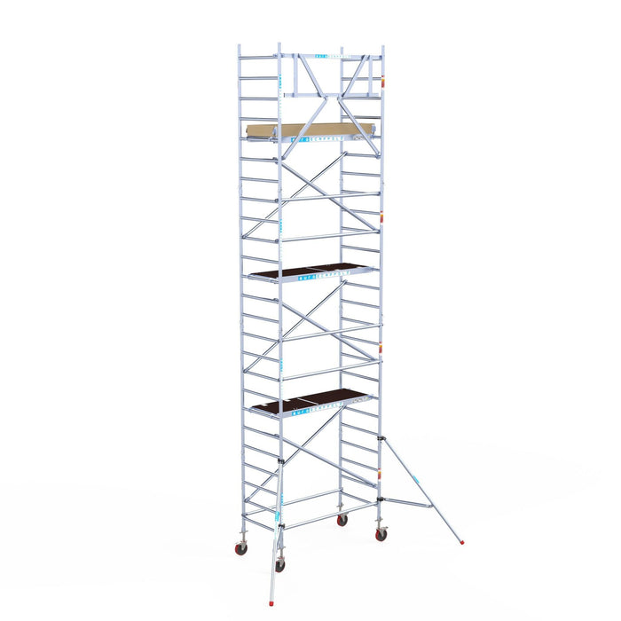 Rollgerüst Euroscaffold Basic 90x190 8,2m Arbeitshöhe Carbonplattform gegen Fassade - GerüstExpress