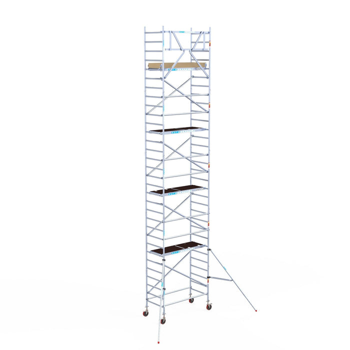 Rollgerüst Euroscaffold Basic 90x190 10,2m Arbeitshöhe Carbonplattform gegen Fassade - GerüstExpress