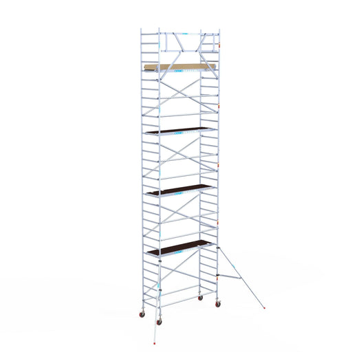Rollgerüst Euroscaffold Basic 90x250 10,2m Arbeitshöhe Carbonplattform gegen Fassade - GerüstExpress