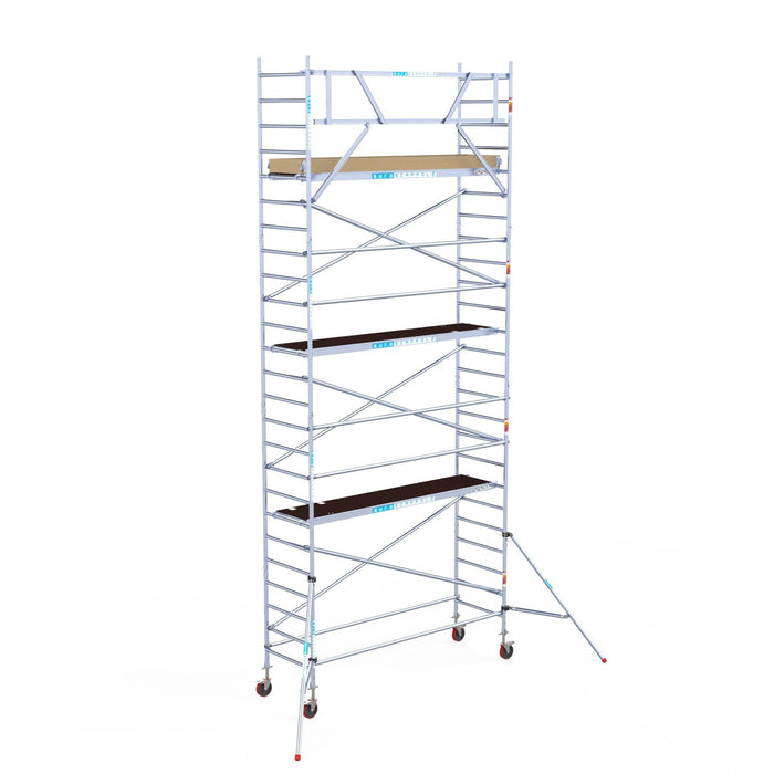 Rollgerüst Euroscaffold Basic 90x305 8,2m Arbeitshöhe Carbonplattform gegen Fassade - GerüstExpress