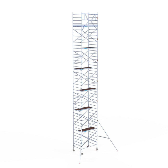 Rollgerüst Eurogerüst Original 135x190 14,2m Arbeitshöhe Carbonplattform gegen Fassade - GerüstExpress