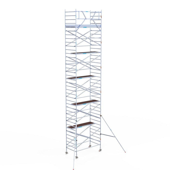 Rollgerüst Eurogerüst Original 135x250 12,2m Arbeitshöhe Carbonplattform gegen Fassade - GerüstExpress
