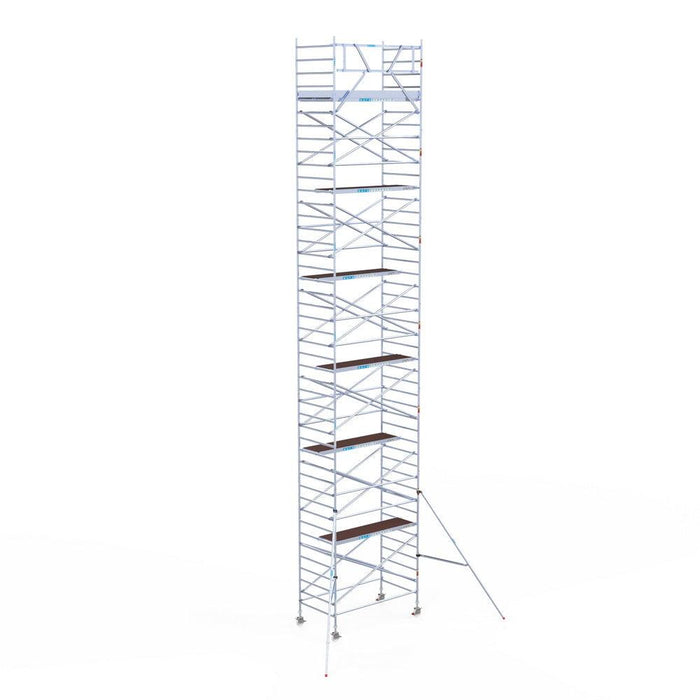 Rollgerüst Eurogerüst Original 135x250 14,2m Arbeitshöhe Carbonplattform gegen Fassade - GerüstExpress