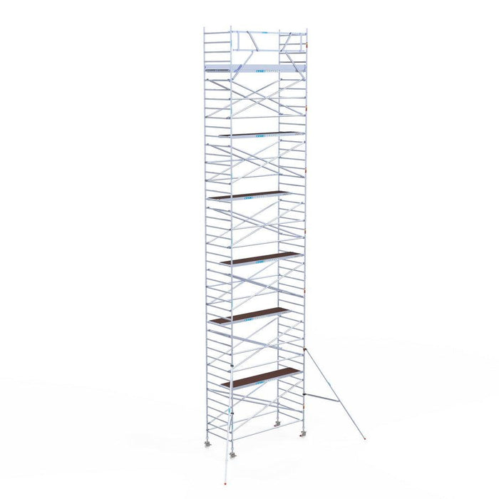 Rollgerüst Eurogerüst Original 135x305 14,2m Arbeitshöhe Carbonplattform gegen Fassade - GerüstExpress