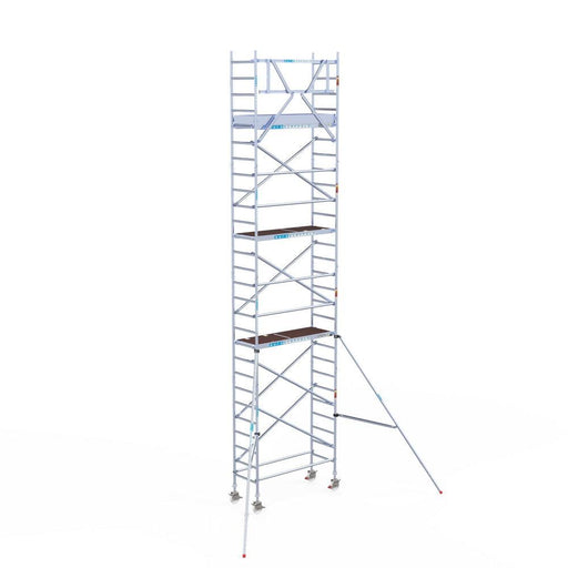 Rollgerüst Eurogerüst Original 75x190 9,2m Arbeitshöhe Carbonplattform gegen Fassade - GerüstExpress