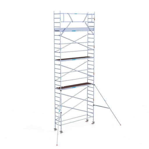 Rollgerüst Eurogerüst Original 75x305 9,2m Arbeitshöhe Carbonplattform gegen Fassade - GerüstExpress