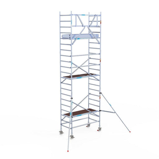 Rollgerüst Eurogerüst Original 90x190 7,2m Arbeitshöhe Carbonplattform gegen Fassade - GerüstExpress