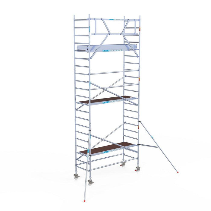 Rollgerüst Eurogerüst Original 90x250 7,2m Arbeitshöhe Carbonplattform gegen Fassade - GerüstExpress
