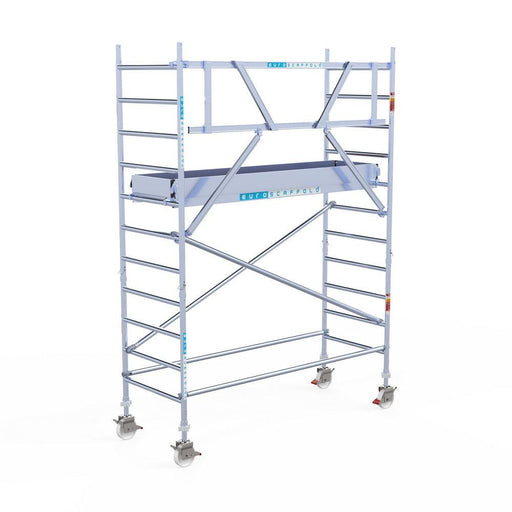 Rollgerüst Eurogerüst Original 90x250 4,2m Arbeitshöhe Carbonplattform gegen Fassade - GerüstExpress