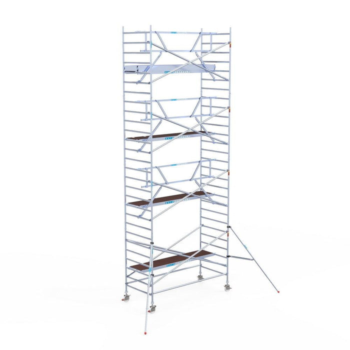 Rollgerüst Euroscaffold Professionell 135x305 9,2m Arbeitshöhe Carbonplattform gegen Fassade - GerüstExpress