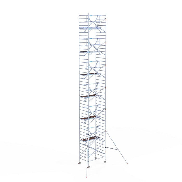 Rollgerüst Euroscaffold Professionell 135x190 14,2m Arbeitshöhe Carbonplattform gegen Fassade - GerüstExpress