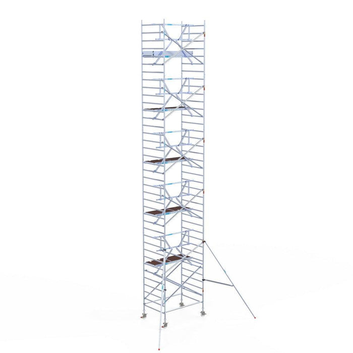 Rollgerüst Euroscaffold Professionell 135x190 12,2m Arbeitshöhe Carbonplattform gegen Fassade - GerüstExpress
