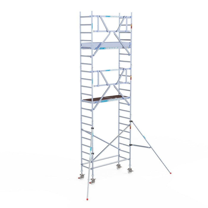 Rollgerüst Euroscaffold Professionell 75x250 7,2m Arbeitshöhe Carbonplattform gegen Fassade - GerüstExpress