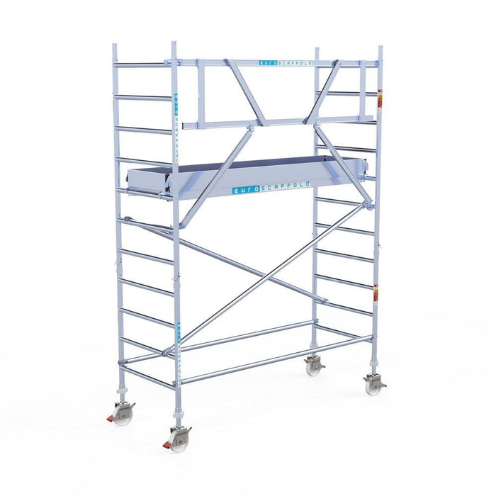 Rollgerüst Euroscaffold Professionell 90x250 4,2m Arbeitshöhe Carbonplattform gegen Fassade - GerüstExpress