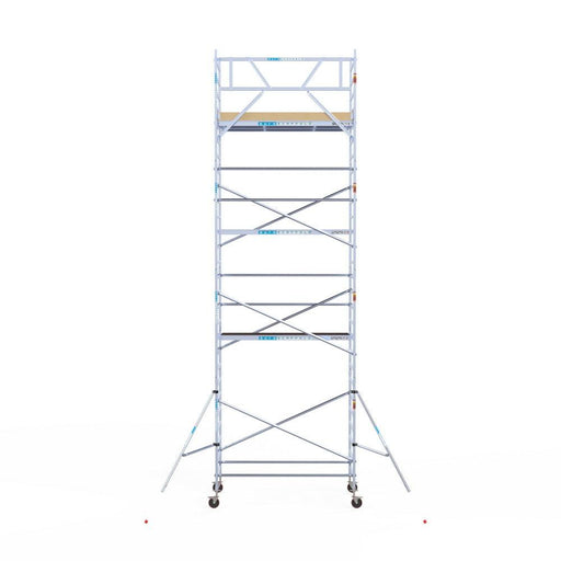 Rollgerüst Euroscaffold Basic 135x250 9,2m Arbeitshöhe Carbonplattform gegen Fassade - GerüstExpress