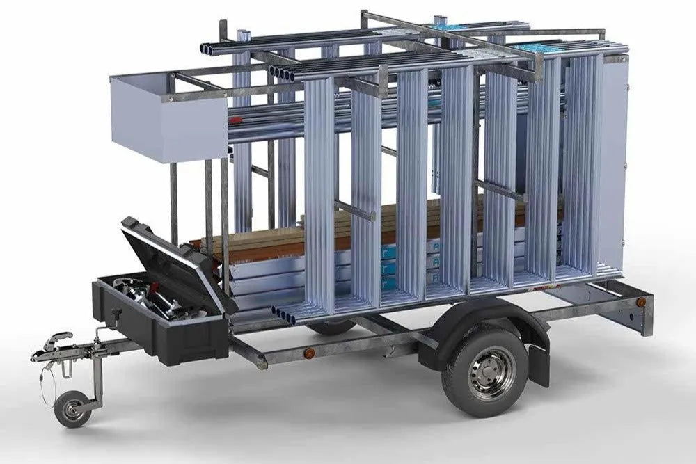 Abschließbarer Gerüstanhänger 250 + Rollgerüst Basic 135x250 10,2m Arbeitshöhe Carbonplattform - Gerüstexpress.de