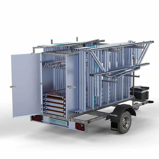 Abschließbarer Gerüstanhänger 250 + Rollgerüst Standard 135x250 10,2m Arbeitshöhe einfaches Sicherheitsgeländer - Gerüstexpress.de