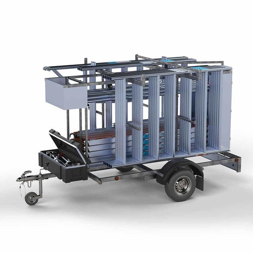 Abschließbarer Gerüstanhänger 250 + Rollgerüst Standard 135x250 12,2m Arbeitshöhe einfaches Sicherheitsgeländer - Gerüstexpress.de