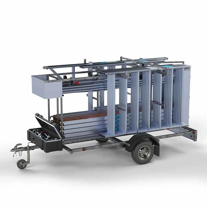 Abschließbarer Gerüstanhänger 305 + Rollgerüst Standard 135x305 10,2m Arbeitshöhe einfaches Sicherheitsgeländer - Gerüstexpress.de