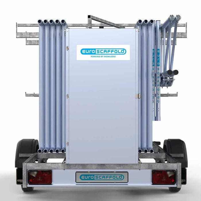 Abschließbarer Gerüstanhänger 305 + Rollgerüst Standard 135x305 10,2m Arbeitshöhe einfaches Sicherheitsgeländer - Gerüstexpress.de