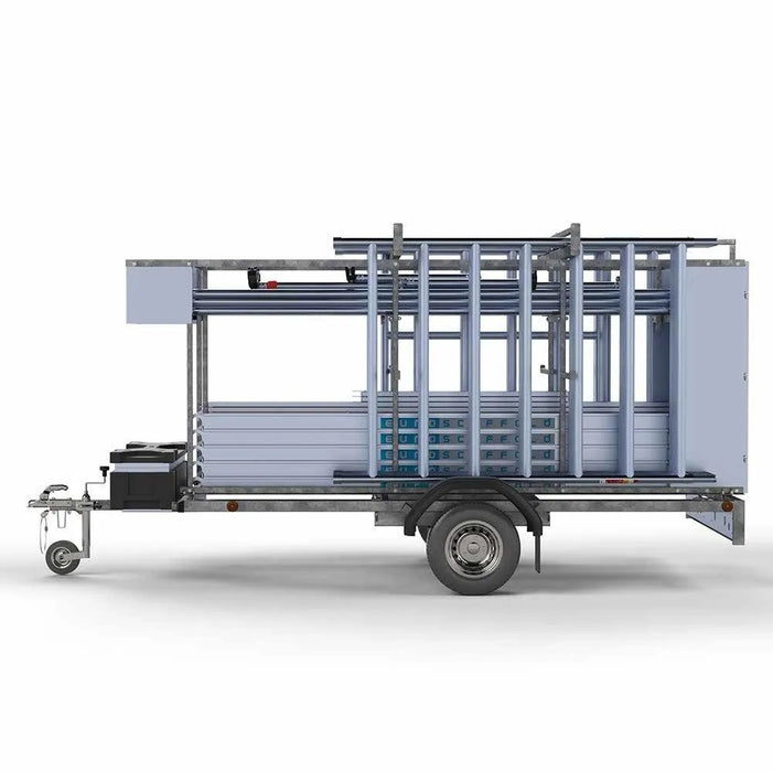 Abschließbarer Gerüstanhänger 305 + Rollgerüst Standard 135x305 12,2m Arbeitshöhe Carbonplattform - Gerüstexpress.de