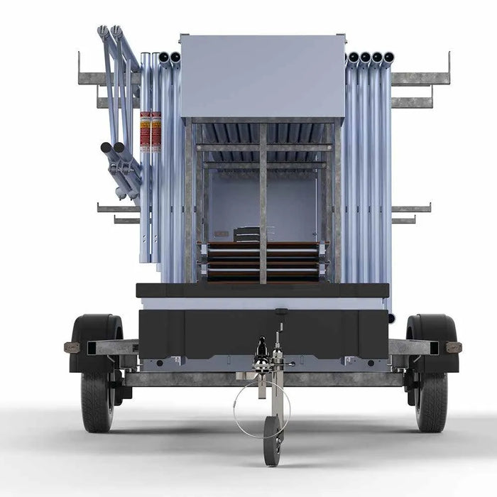 Abschließbarer Gerüstanhänger 305 + Rollgerüst Standard 135x305 12,2m Arbeitshöhe einfaches Sicherheitsgeländer - Gerüstexpress.de