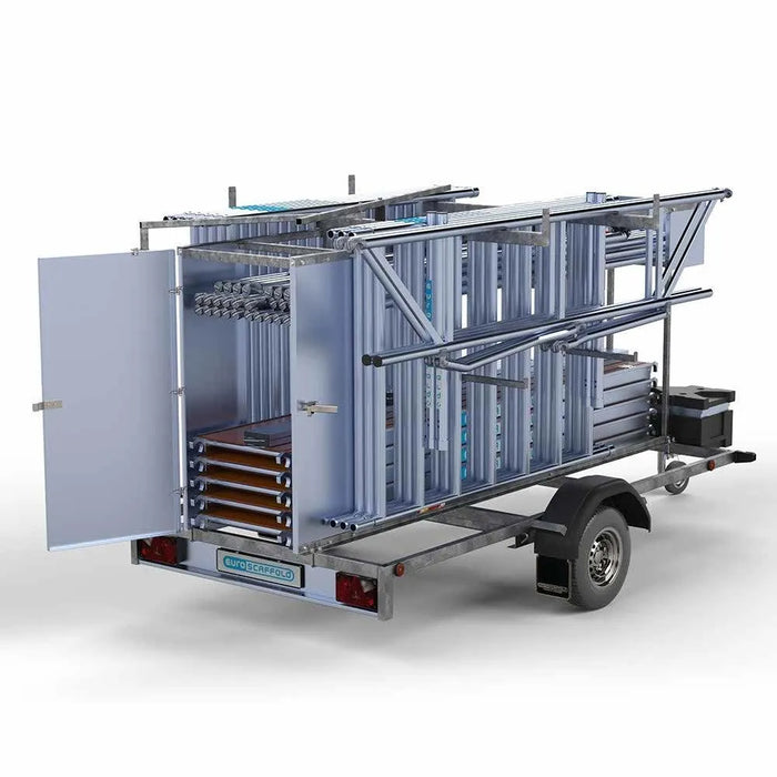 Abschließbarer Gerüstanhänger 305 + Rollgerüst Standard 135x305 12,2m Arbeitshöhe einfaches Sicherheitsgeländer - Gerüstexpress.de