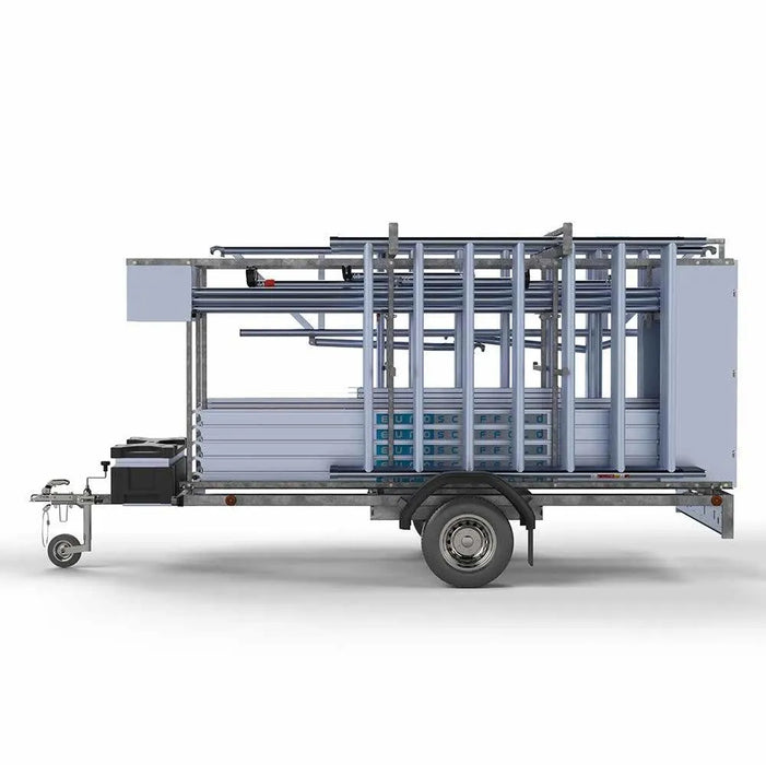 Abschließbarer Gerüstanhänger 305 + Rollgerüst Standard 135x305 8,2m Arbeitshöhe Carbonplattform einfaches Sicherheitsgeländer - Gerüstexpress.de