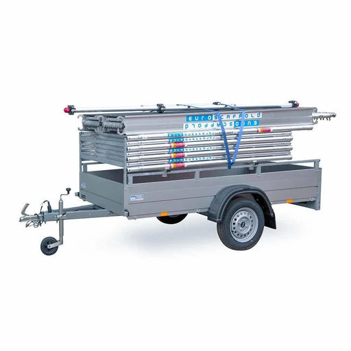 Anhänger + Rollgerüst 135x250 8,2m Arbeitshöhe + einfaches Sicherheitsgeländer - Gerüstexpress.de