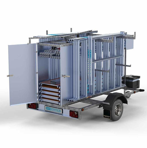 Abschließbarer Gerüstanhänger 250 + Rollgerüst Standard 135x250 12,2m Arbeitshöhe Carbonplattform - GerüstExpress