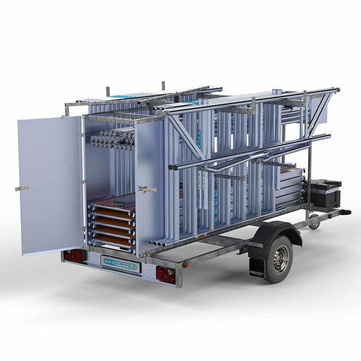 Abschließbarer Gerüstanhänger 305 + Rollgerüst Standard 135x305 10,2m Arbeitshöhe Carbonplattform einfaches Sicherheitsgeländer - GerüstExpress