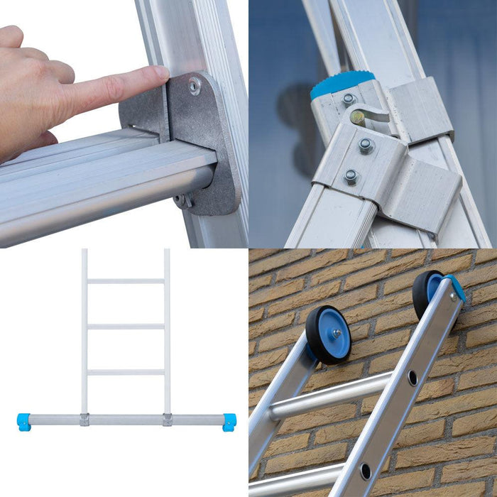 Eurostairs Mehrzweckleiter dreiteilig gerade 3x12 Sprossen + Giebelrollen - Gerüstexpress.de