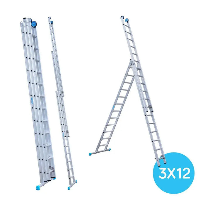 Eurostairs Mehrzweckleiter dreiteilig gerade 3x12 Sprossen + Giebelrollen - Gerüstexpress.de